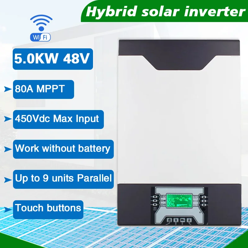 5kva 48V hybrid inverter off grid with wifi kit and 80A MPPT solar controller, optional for parallel up to 9pcs
5kva 48V hybrid inverter off grid with wifi kit and 80A MPPT solar controller, optional for parallel up to 9pcs