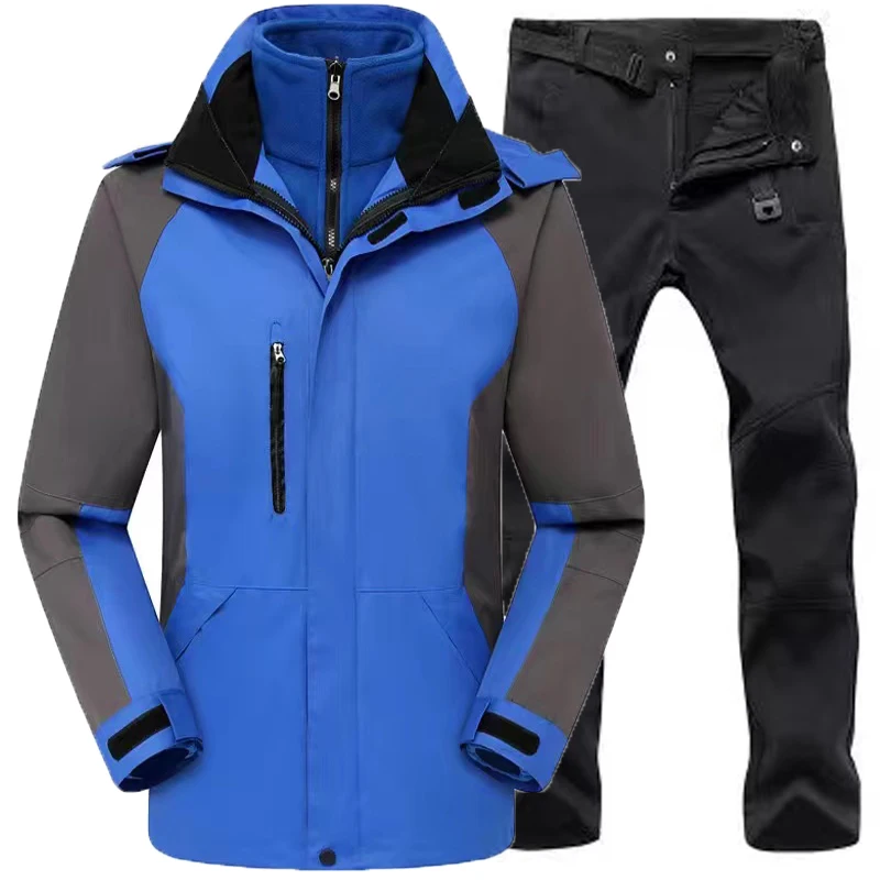 

Мужская зимняя водонепроницаемая ветровка 3 в 1, термальная съемная флисовая лыжная куртка, костюм, Открытый капюшон, кемпинг, пеший туризм, альпинистские брюки