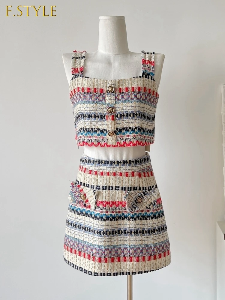 Elegant Casual Sling Tweed Two Piece Set Women Summer Sexy Sleeveless Backless Stripe Strap Crop Top High Waist Mini Skirt Suit 
Elegant Casual Sling Tweed Two Piece Set Women Summer Sexy Sleeveless Backless Stripe Strap Crop Top High Waist Mini Skirt Suit