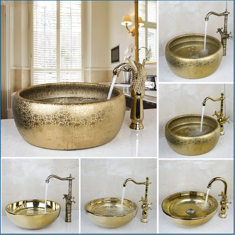 

Bathroom Faucet Round Paint Golden Bowl Sinks / Vessel Basins Washbasin Ceramic Basin Sink & Faucet Tap Set