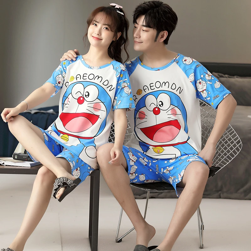 

Size 5XL Summer Couple Pajamas Set Women Pijama Cotton Korean Men Sleepwear Cartoon Doraemon Cute Lovers Night-Clothes Nightwear