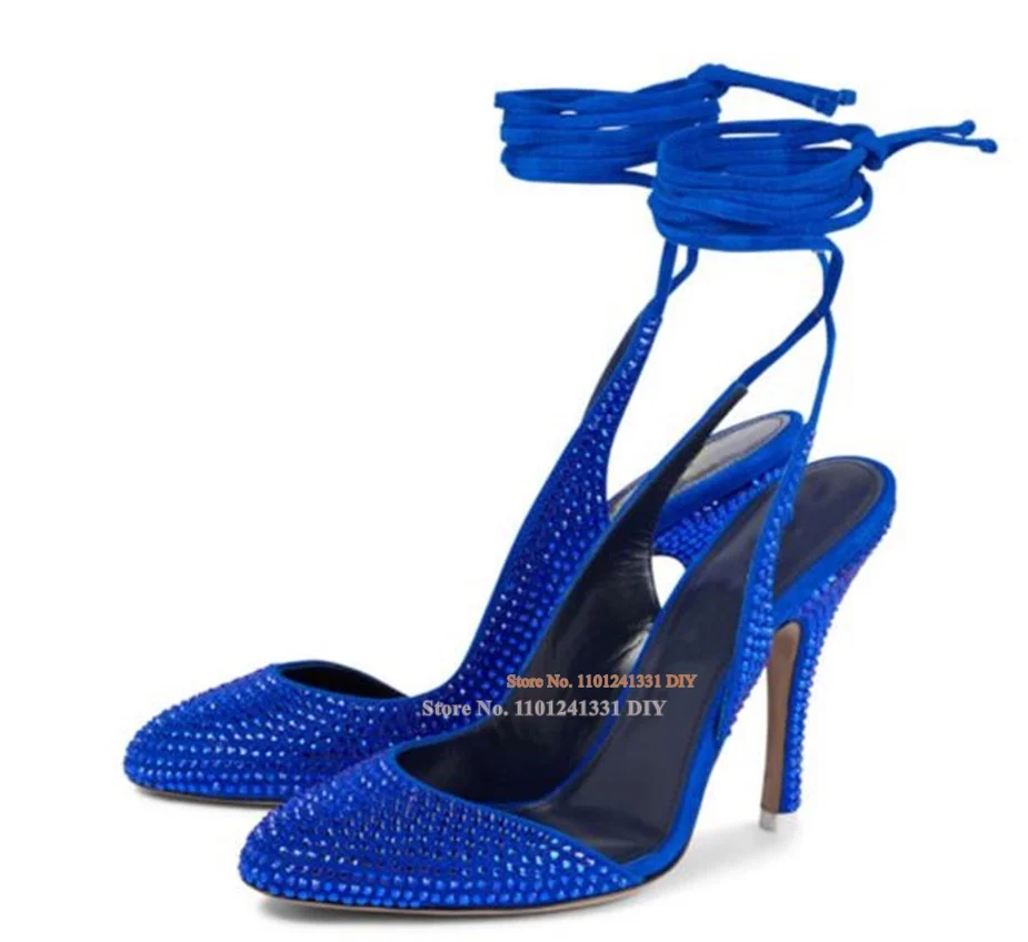 

Bright Blue Crystal Thin High Heel Sandals Women Diamond Lace Up Embellished Women's Embellished Summer Party Pumps Shoes