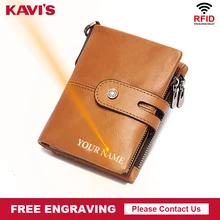 New Short Genuine Leather Womens Wallet Fashion Female Rfid Protect Credit Card Holder Free Engraving Purse for Men with Chain