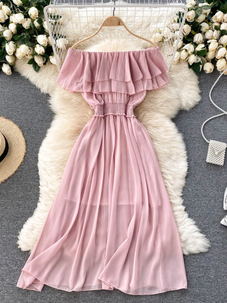 Women Chiffon Beach Dress Sexy Double Layer Ruffled Off The Shoulder Boho Dresses Ladies Sweet Slash Neck Long Dress 
Women Chiffon Beach Dress Sexy Double Layer Ruffled Off The Shoulder Boho Dresses Ladies Sweet Slash Neck Long Dress