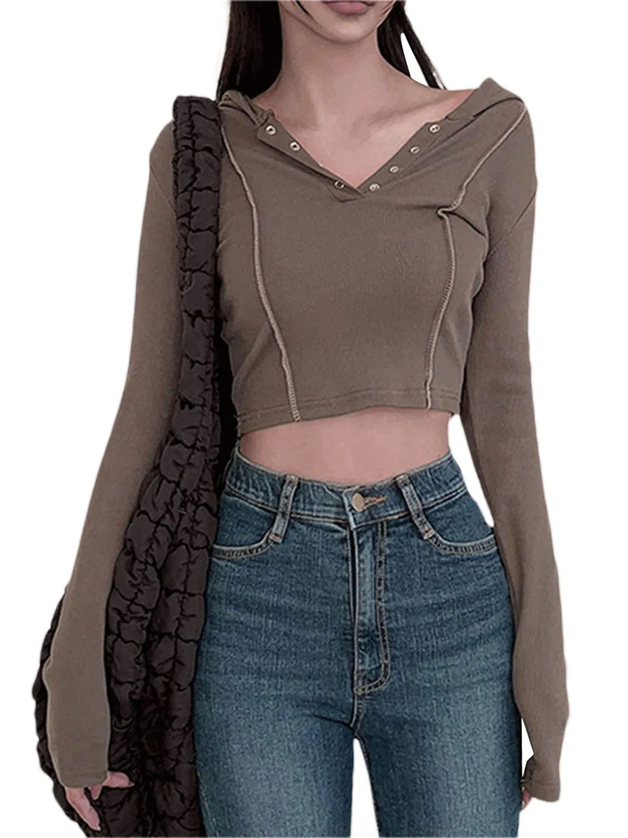 Женский укороченный топ с капюшоном, Однотонная футболка с длинным рукавом и пуговицами, весна-осень 2023
Женский укороченный топ с капюшоном, Однотонная футболка с длинным рукавом и пуговицами, весна-осень 2023