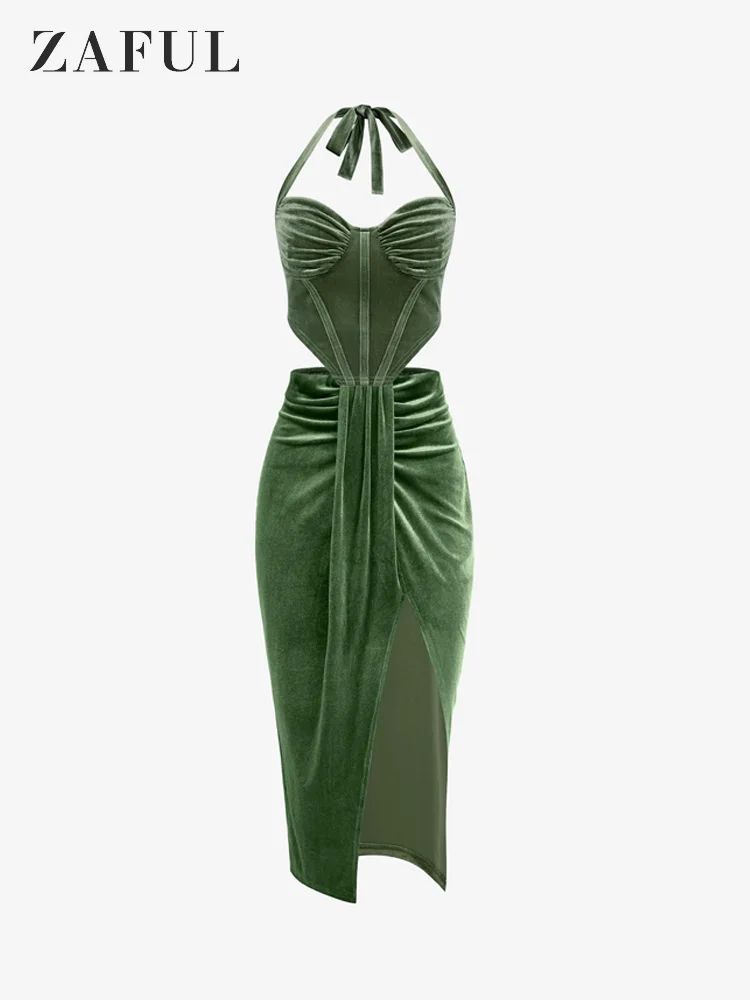 

ZAFUL Pleated Ruched Draped Velvet Solid Color Light Green Fitted Elastic Waist Thigh High Slit Midi Skirt Set for Women