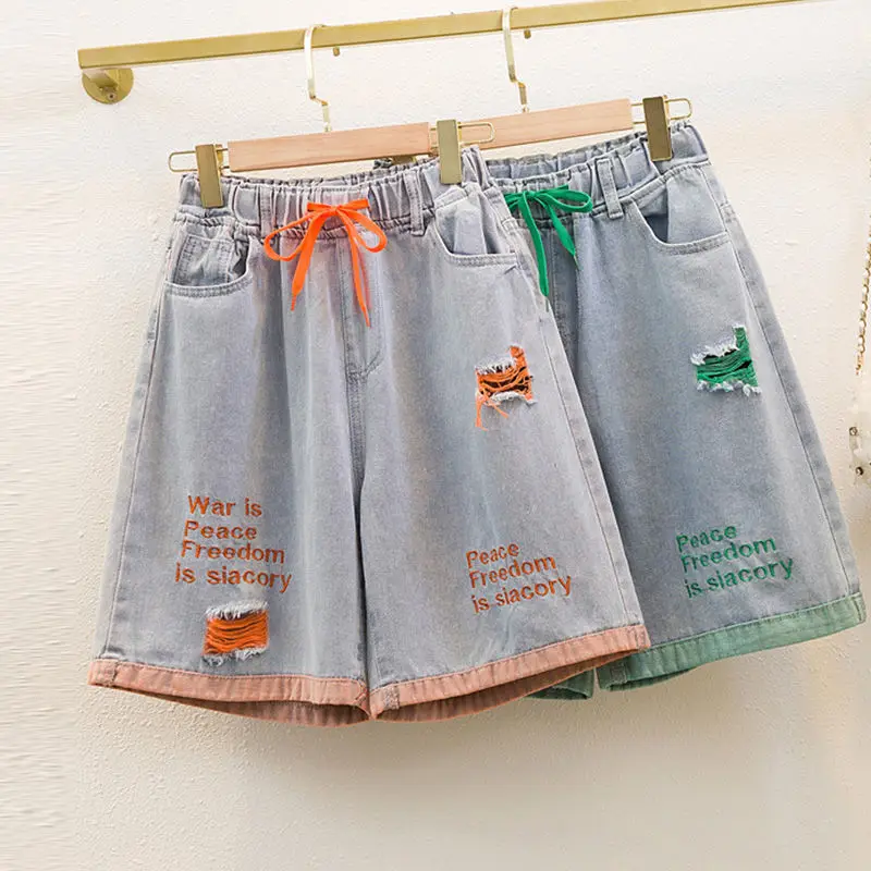 women's Denim shorts summer fashion simple embroidery holes curling students casual loose high waist five-point sports pants Y2k
women's Denim shorts summer fashion simple embroidery holes curling students casual loose high waist five-point sports pants Y2k