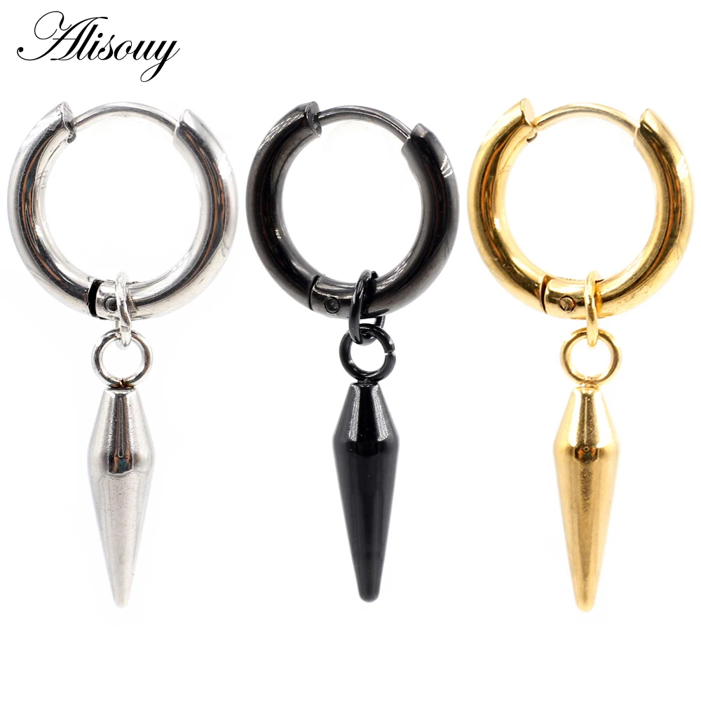 

Alisouy 2pcs Punk Hiphop Gothic Stainless Steel Cone Spike Pendant Circle Ear Helix Clip Huggie Women Men Round Hoop Earrings