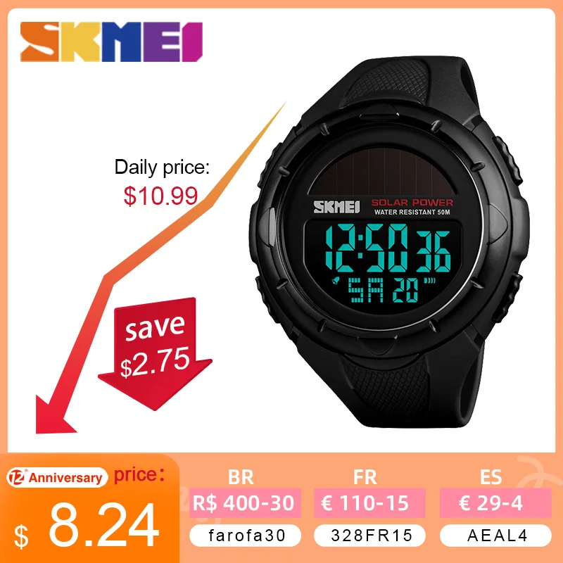 

SKMEI Men Luminous Watches Sport Digital Mens Wristwatches Solar For Power Enviormentally Alarm Male Clock reloj hombre 1405