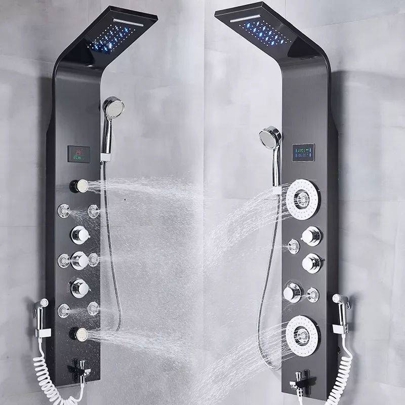 Black Shower Pannel Column Led Bathroom Shower Systems Hot Cold Multi-Fuction Shower Rainfall Waterfall Head Massage LCD Screen 
Black Shower Pannel Column Led Bathroom Shower Systems Hot Cold Multi-Fuction Shower Rainfall Waterfall Head Massage LCD Screen