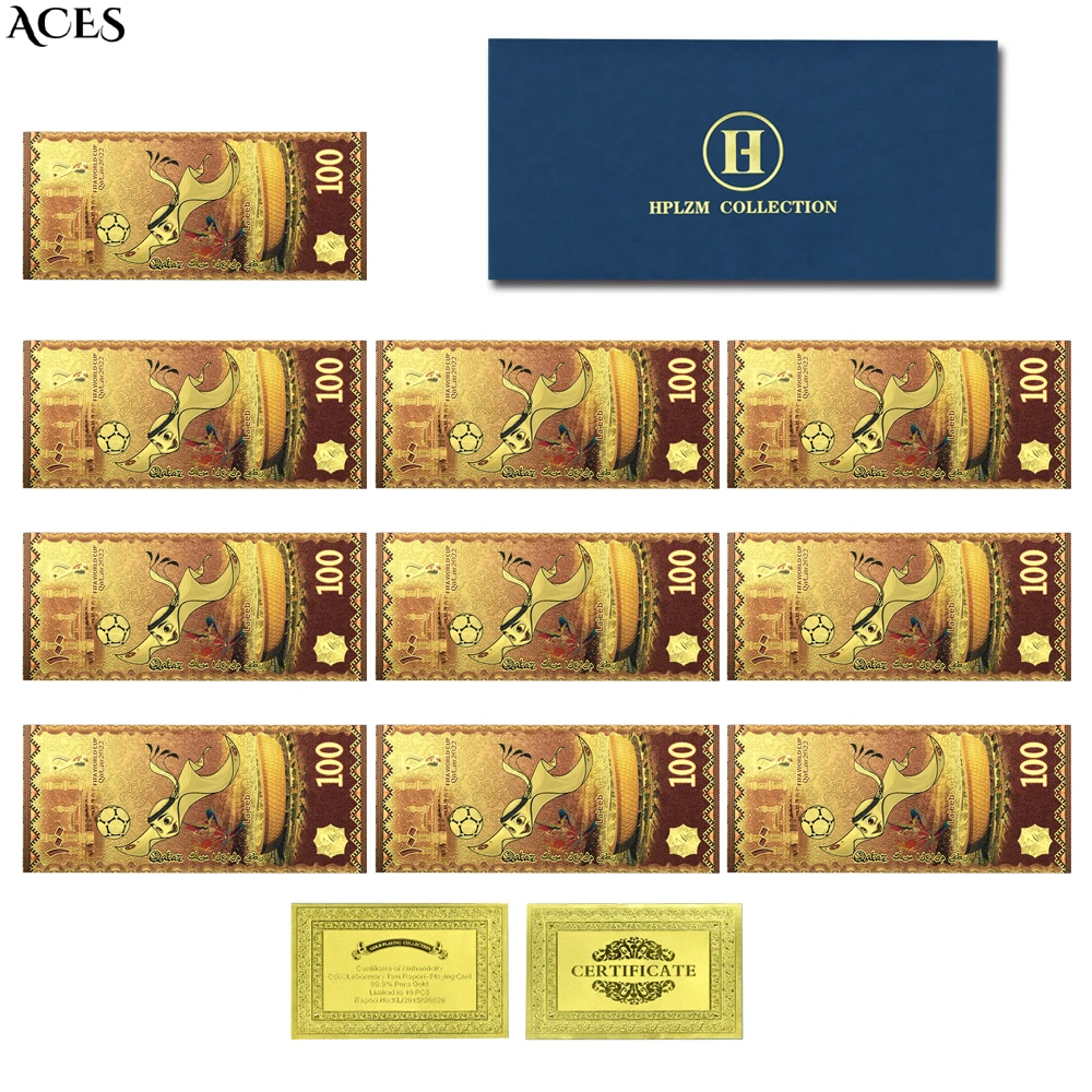 10pcs 2022 Qatar Mascot Gold Foil Banknotes World Soccer Game Souvenir Ticket Art Worth Collection Home Decoration Card Gift
10pcs 2022 Qatar Mascot Gold Foil Banknotes World Soccer Game Souvenir Ticket Art Worth Collection Home Decoration Card Gift