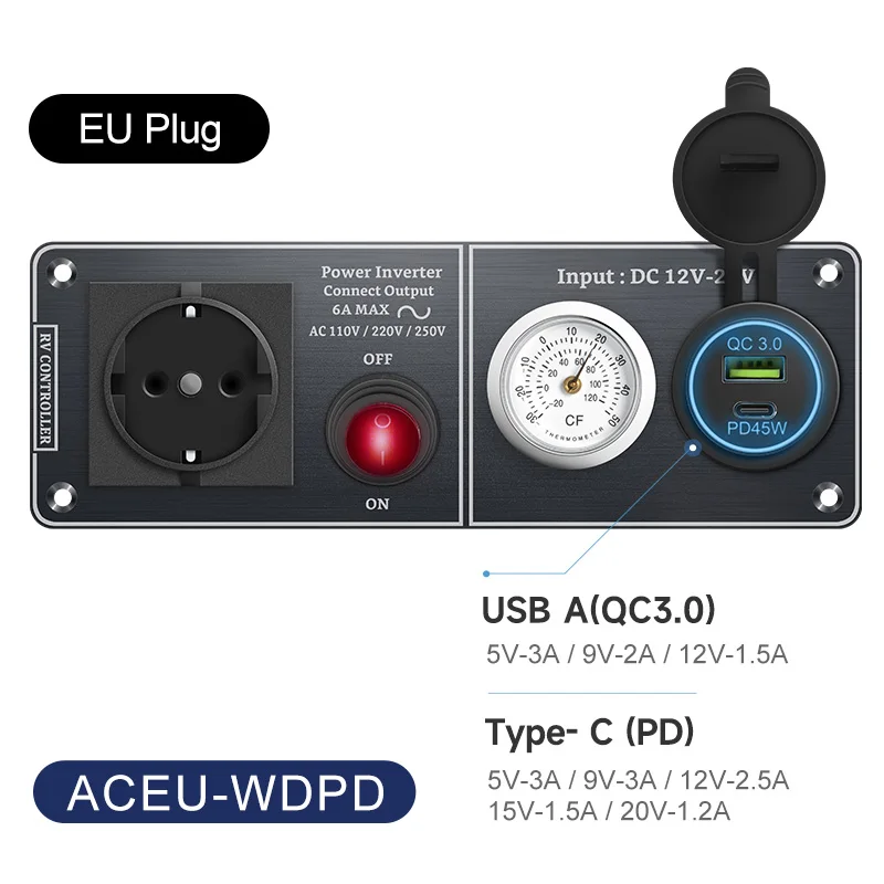 Автомобильное зарядное устройство, многофункциональное алюминиевое панельное термометр, AC110V 220V, двухпортовый USB QC3.0 12 В 24 В для прицепов для яхт на колесах
Автомобильное зарядное устройство, многофункциональное алюминиевое панельное термометр, AC110V 220V, двухпортовый USB QC3.0 12 В 24 В для прицепов для яхт на колесах