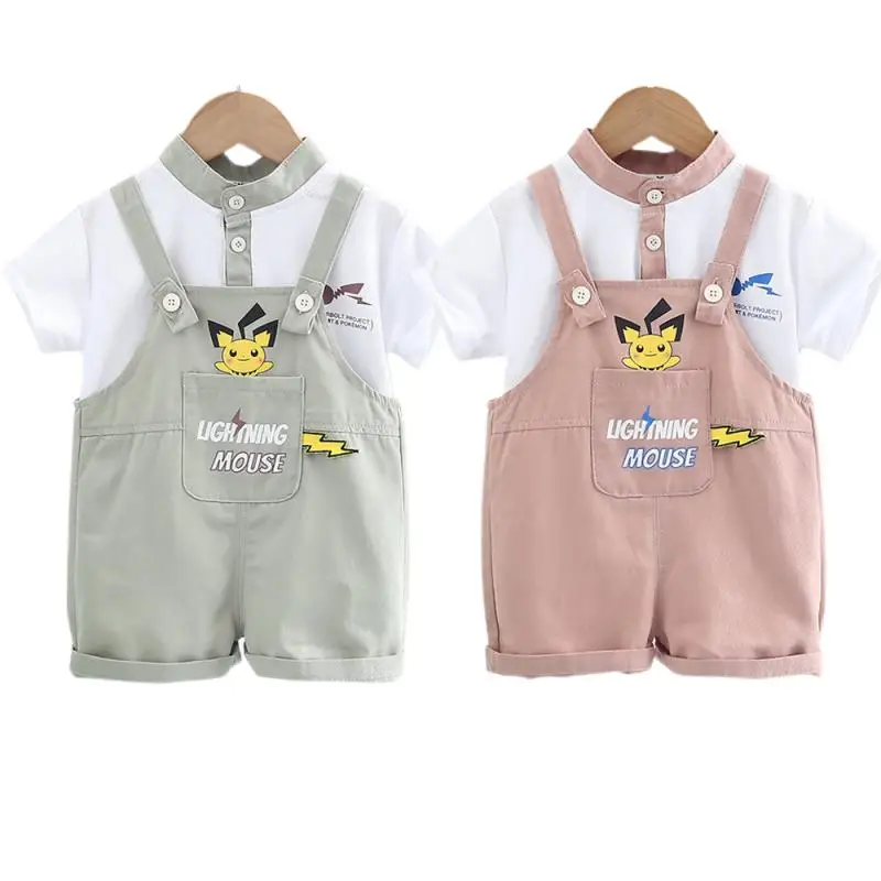

Комплект летних брюк с покемоном Пикачу, модный красивый костюм с коротким рукавом для мальчиков и младенцев, топы, футболки, детская одежда для отдыха