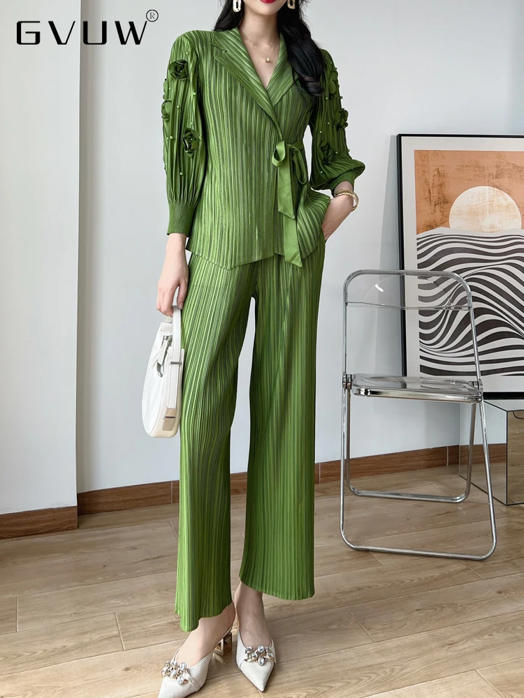GVUW Two Pieces Set For Women Bead Bandage Notched Top Wide Leg Solid Color Loose Trousers Female Clothes Luxury Autumn 17D2884
GVUW Two Pieces Set For Women Bead Bandage Notched Top Wide Leg Solid Color Loose Trousers Female Clothes Luxury Autumn 17D2884