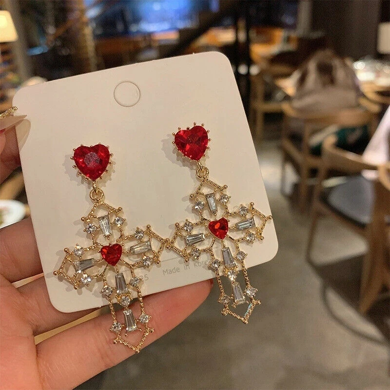 Retro Trend Design Red Heart Glass Filled Earrings Gold Color Cross Pendant Rhinestone Earrings for Women Jewelry Party Gift 
Retro Trend Design Red Heart Glass Filled Earrings Gold Color Cross Pendant Rhinestone Earrings for Women Jewelry Party Gift
