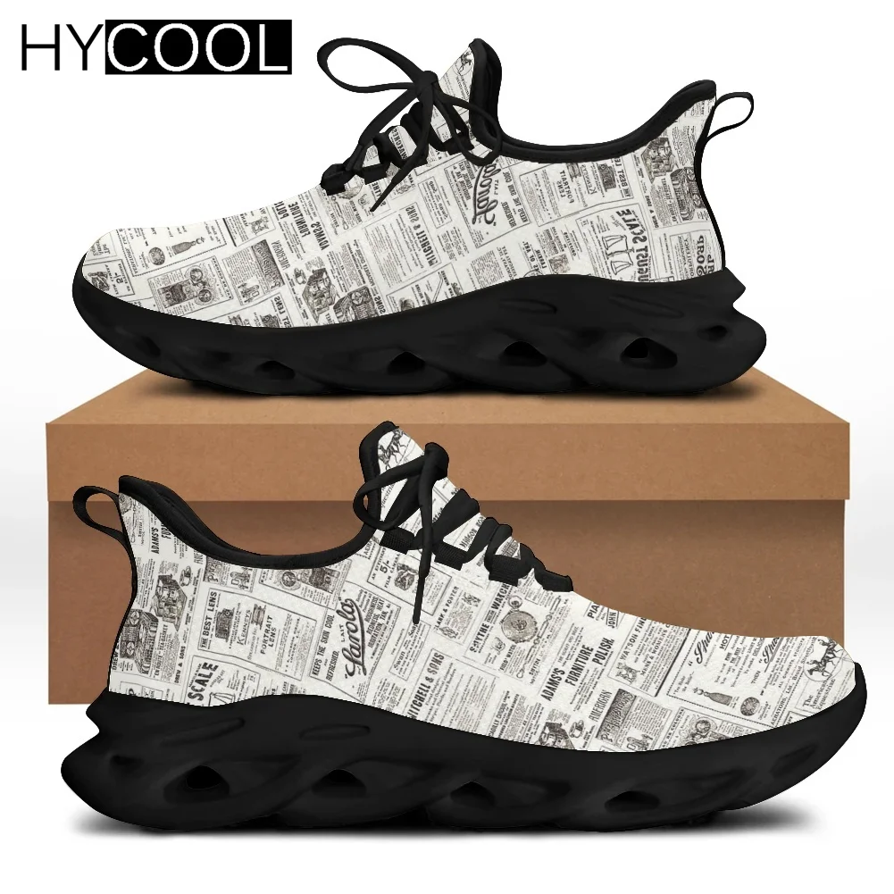 

HYCOOL 2022 New Men's Women Lace Up Sport Sneakers Vintage Newspaper Pattern Running Shoes Outdoor Flats Breathable Zapatillas