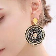 Rice bead earrings Circle Hollow out Originality Crystal Hand knitting Bohemia Alloy Fashion Simple Black Beaded earrings