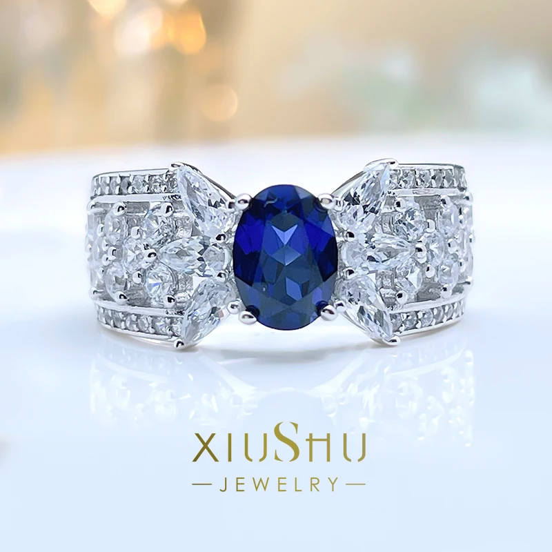 

Модное, стандартное роскошное и высококачественное искусственное синее кольцо из серебра 925 пробы с инкрустированным высокоуглеродистым бриллиантом Универсальное кольцо
