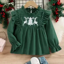 Christmas Spring Autumn Girls Baby Dress Round Neck Long Sleeve Elk Forest Pattern Waist Wrapped Green Fashion Children
