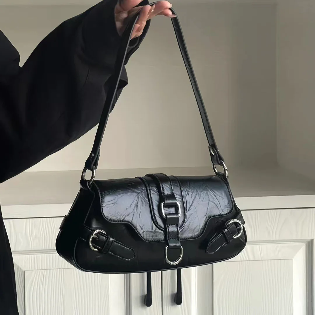 

Retro Black Women's Underarm Bag 2023 New Trendy Biker Bag Y2K Hot Girls Fashion Shoulder PU Leather Ladies Purse Handbag