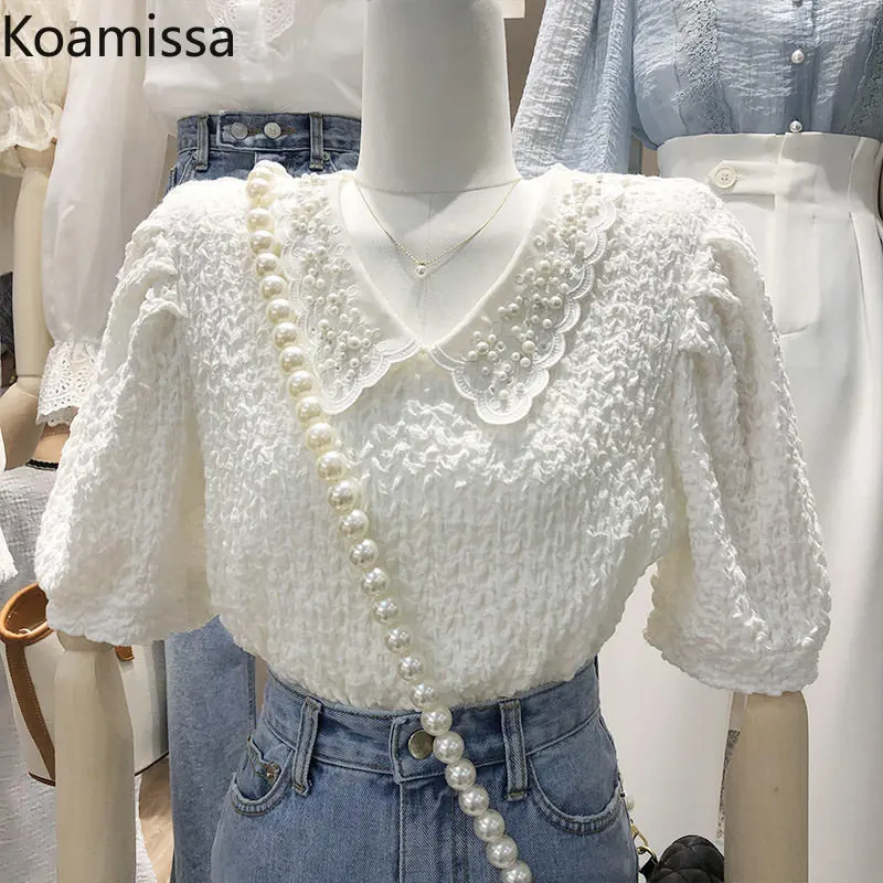 

Koamissa Elegant Women Blouse Laides Short Puff Sleeves Sweet Peter Pan Collar Beading Shirt 2023 New Korean Femme Blusas Tops