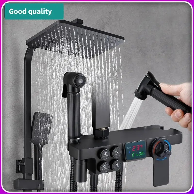 bathroom shower system copper black button thermostatic shower set 4-speed pressurized hand-held rain shower
bathroom shower system copper black button thermostatic shower set 4-speed pressurized hand-held rain shower
