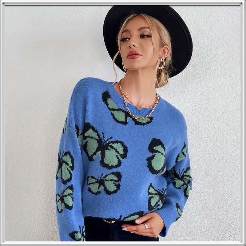 2022 Women's Winter New Blue Butterfly Pattern Pullover Round Neck Long Sleeve Woolen Top
2022 Women's Winter New Blue Butterfly Pattern Pullover Round Neck Long Sleeve Woolen Top