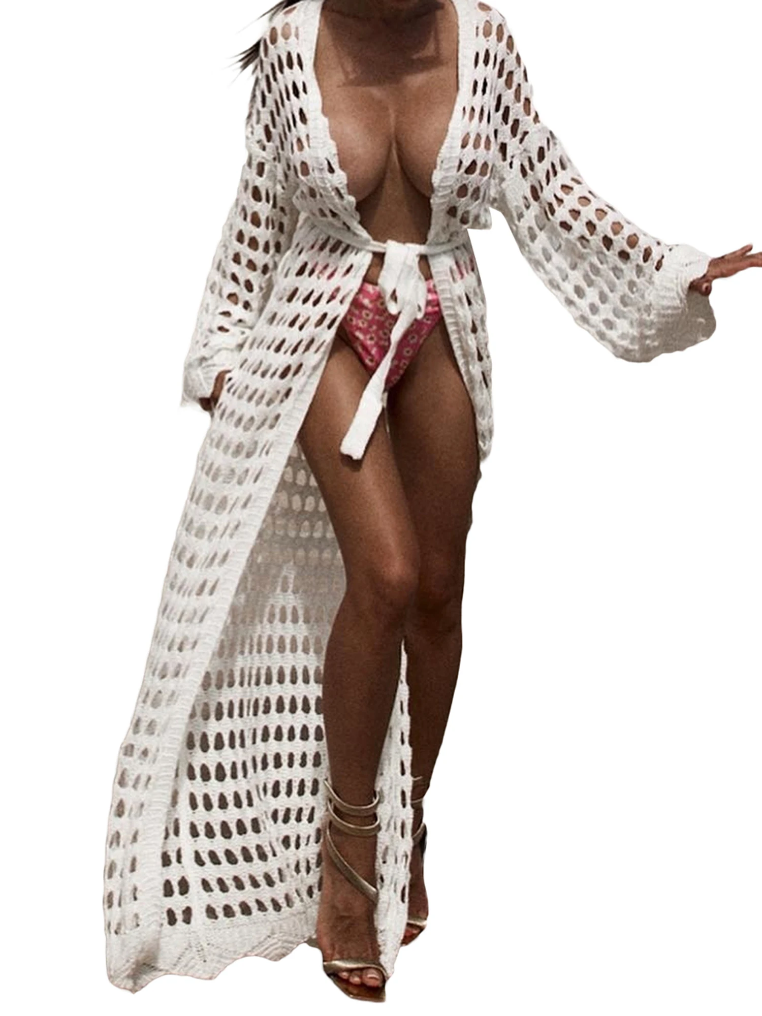 

Женская Пляжная накидка с вырезами, сексуальная летняя Длинная вязаная бикини с вырезами, белый вязаный купальный костюм с длинным рукавом и открытой передней частью