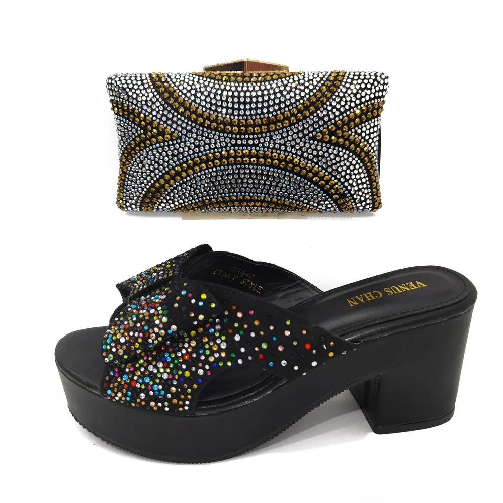 

Summer New Coming Italian design Black Color Shoes And Bag To Match Set Nigerian High Heels Party with Mature style