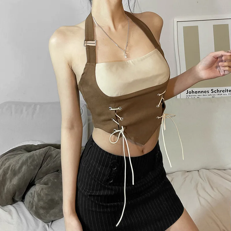 Укороченный топ с двумя нитями в контрастных цветах, классический стиль, Гламурная Летняя мода для женщин