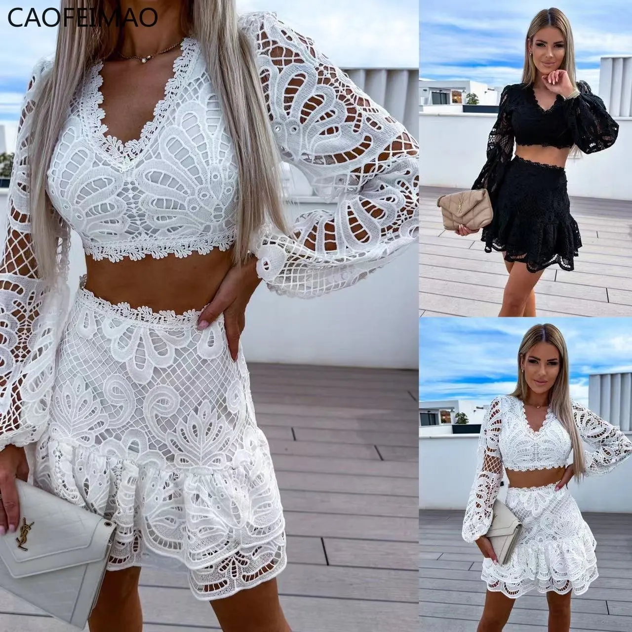Sexy Lace Hollow Out Women Suit Elegant Embroidery Puff Sleeve Crop Top Ruffles Mini Skirt 2 Piece Sets Summer Female Outfit
Sexy Lace Hollow Out Women Suit Elegant Embroidery Puff Sleeve Crop Top Ruffles Mini Skirt 2 Piece Sets Summer Female Outfit