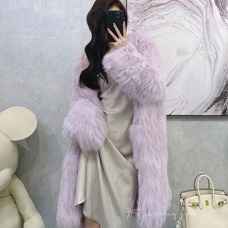 

Luxury Women Long V-neck Faux Fox Fur Coat Woven imitation Mink Fur Fluffy Jacket Furry Cardigan Loose Flocking Trench Coat Tops