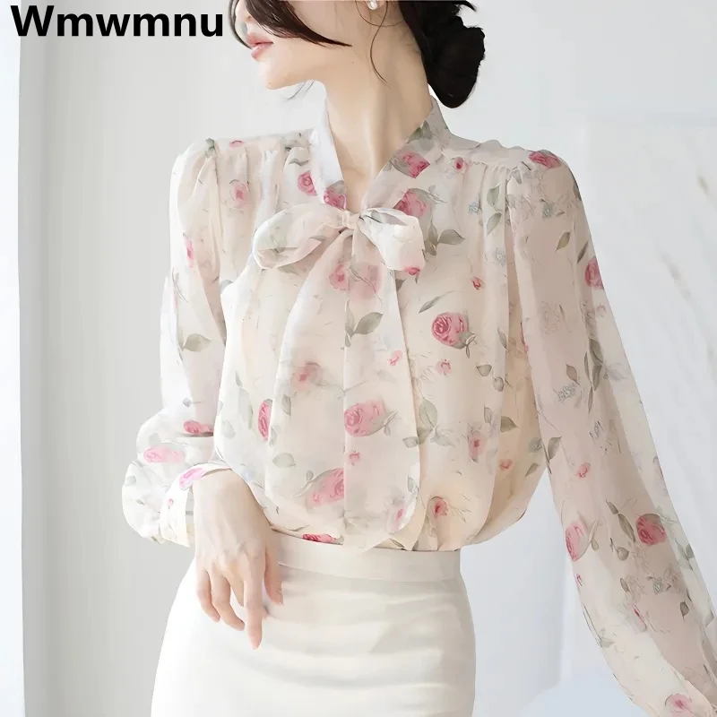 

Print Loose Elegant Spring Korean Bow Collar Chiffon Shirts Trendy Blusas French Long Sleeve Tops Women Casual Fashion Blousa