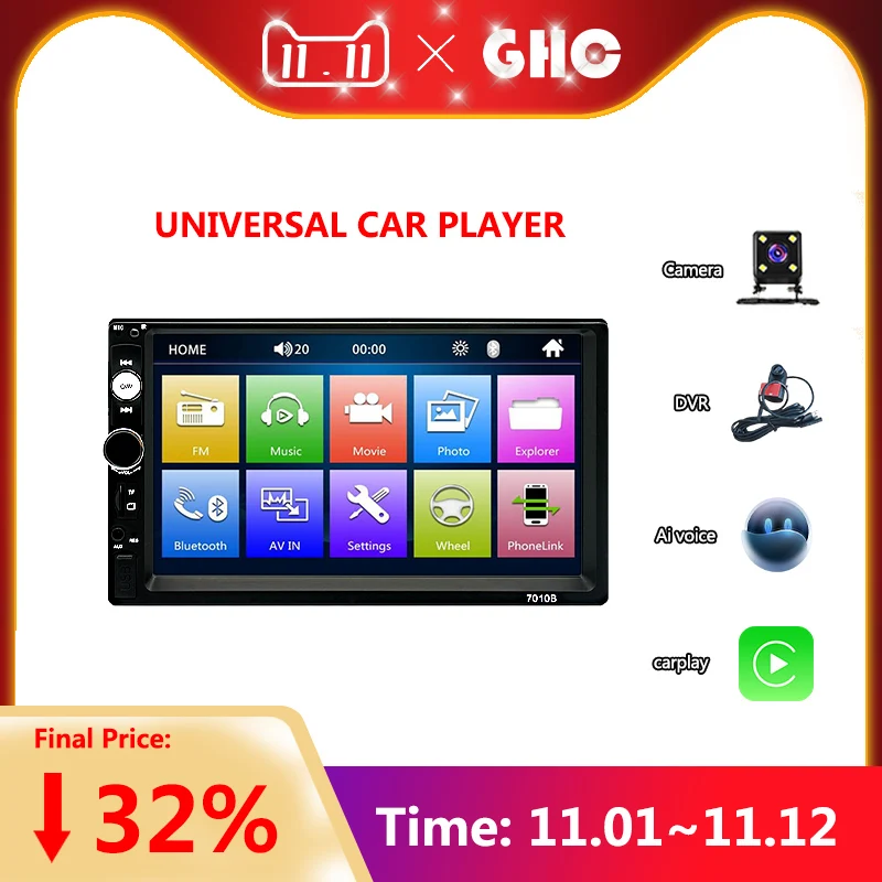 GHC 7inch 2 Din Android Autoradio Universal Car Multimedia Player Car Radio with Camera Carplay DVR AI voice Car Stereo Screen
GHC 7inch 2 Din Android Autoradio Universal Car Multimedia Player Car Radio with Camera Carplay DVR AI voice Car Stereo Screen