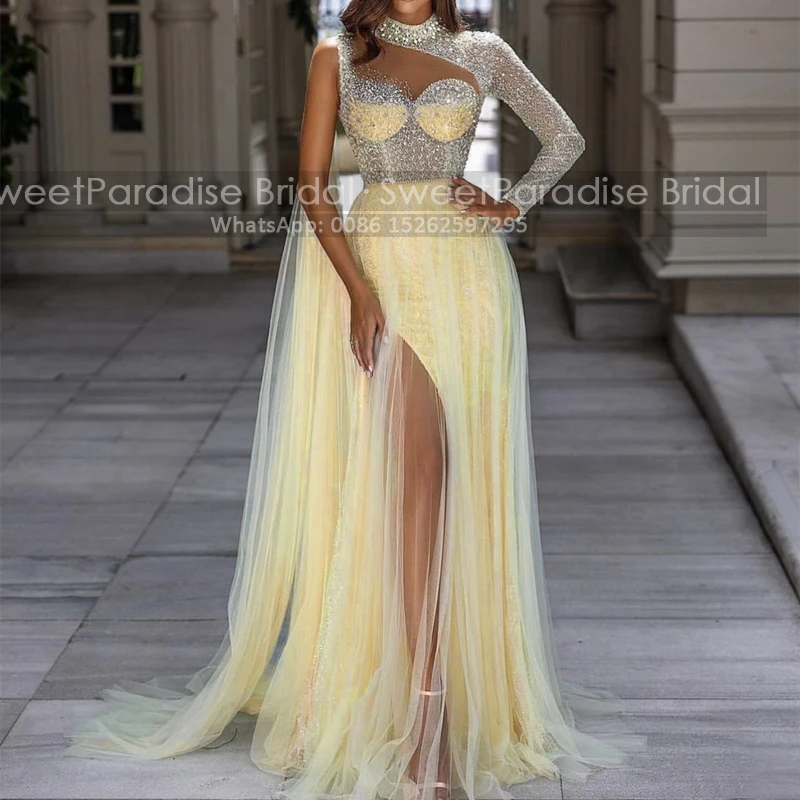 Bling Sequins Beads A Line Evening Dress Sheer Single Long Sleeves High Neck Yellow Tulle Pageant Dresses Party
Bling Sequins Beads A Line Evening Dress Sheer Single Long Sleeves High Neck Yellow Tulle Pageant Dresses Party