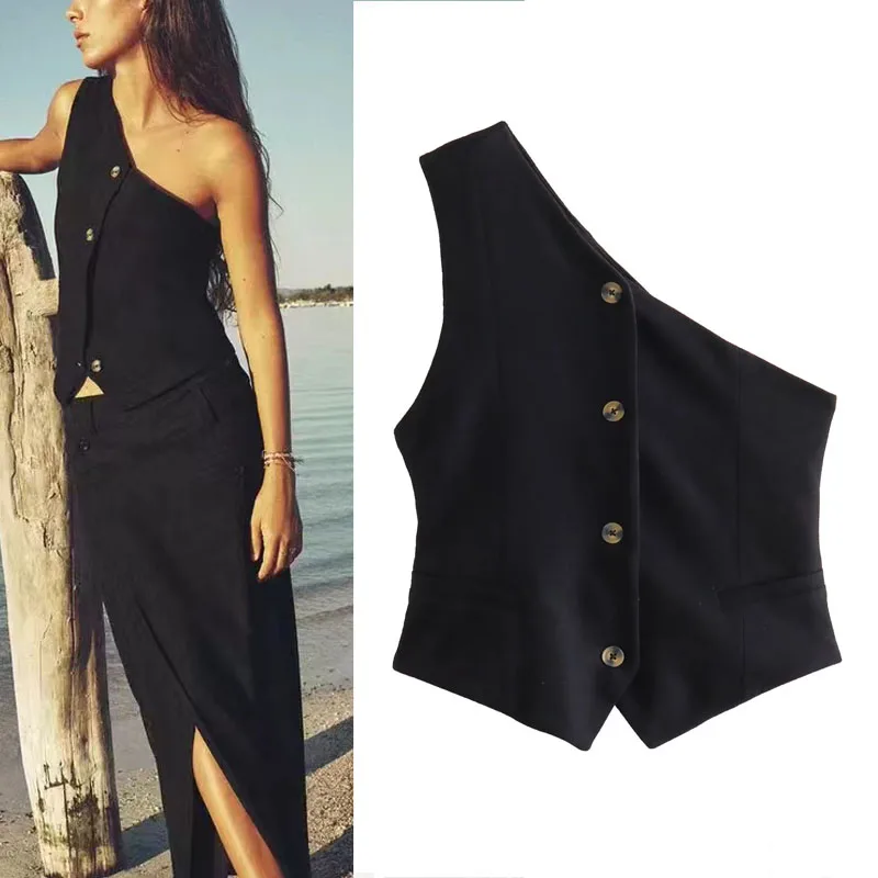 Женский жилет без рукавов, с асимметричным воротником и карманами спереди
Женский жилет без рукавов, с асимметричным воротником и карманами спереди