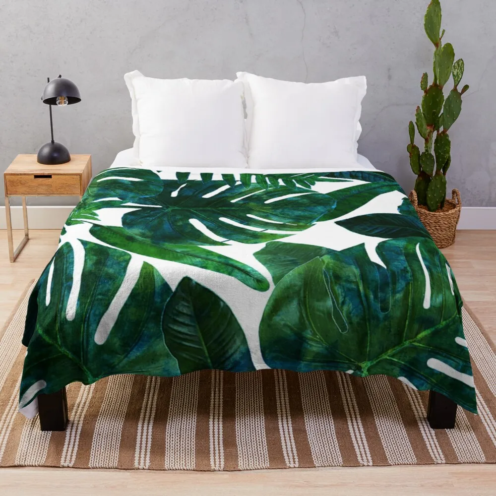 

Perceptive Dream, Tropical Jungle Nature Botanical Watercolor Painting, Palm Monstera Bohemian Illustration Throw Blanket