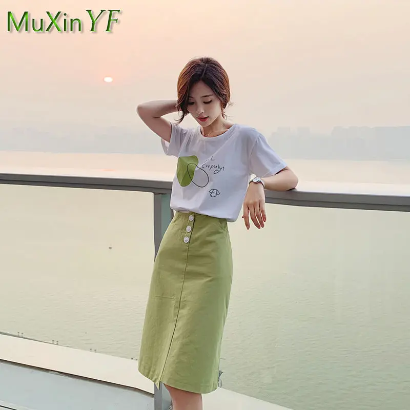 2022 Summer New Cotton Short Sleeve T-Shirt Skirt Suit Women Casual O-Neck Top Midi Skirts Two-piece Korean Elegant Blouse Set
2022 Summer New Cotton Short Sleeve T-Shirt Skirt Suit Women Casual O-Neck Top Midi Skirts Two-piece Korean Elegant Blouse Set
