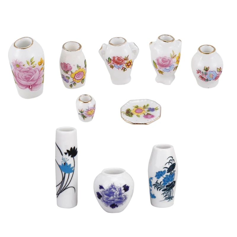 

3Pcs Dollhouse Miniature Plastic Flower Vase---Blue Painted Floral & 7Pcs Dollhosue Miniature Modern Ceramic China Porcelain Ros