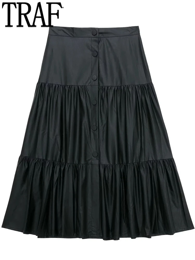 TRAF Black Leather Skirt Women High Waist Ruffle Pleated Skirt Woman Elegant Long Skirts Womens 2022 Fall Streetwear Midi Skirt
TRAF Black Leather Skirt Women High Waist Ruffle Pleated Skirt Woman Elegant Long Skirts Womens 2022 Fall Streetwear Midi Skirt