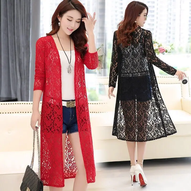 

PULABO Summer Beach Cover Up 3XL Women Floral Lace Kimono Semi Sheer Solid Open Front Long Elegant Cardigan Mujer Tops