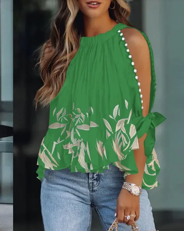 Beaded Decor Split Sleeve Top Women Spring and Summer Plants Print Female & Lady Casual Tee Fashion New
Beaded Decor Split Sleeve Top Women Spring and Summer Plants Print Female & Lady Casual Tee Fashion New