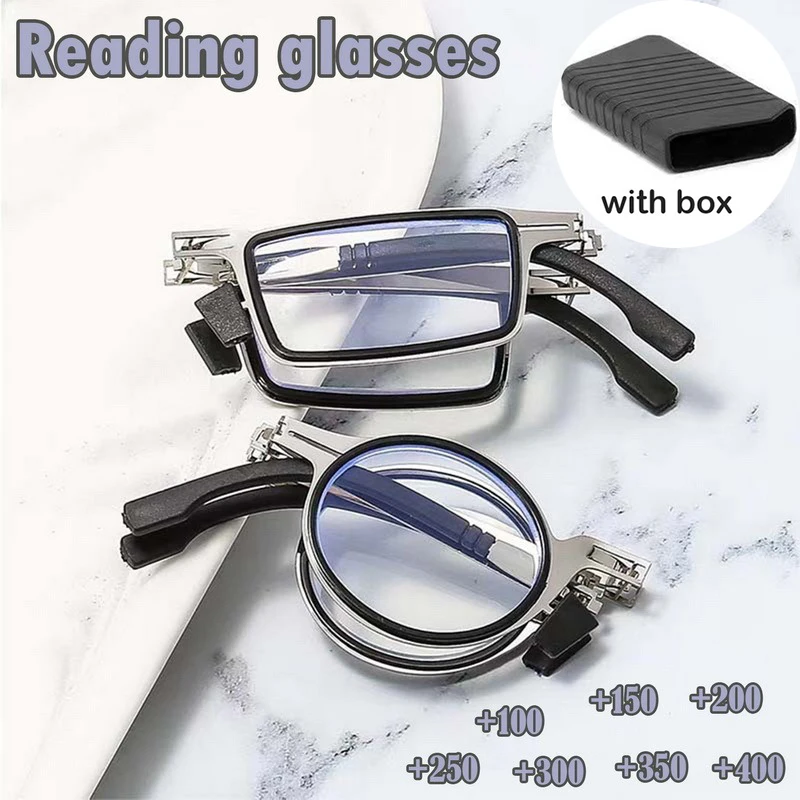 

Портативные складные очки для чтения для мужчин, металлические, круглые, квадратные, с защитой от синего света, мужские очки для дальнозоркости с диоптриями