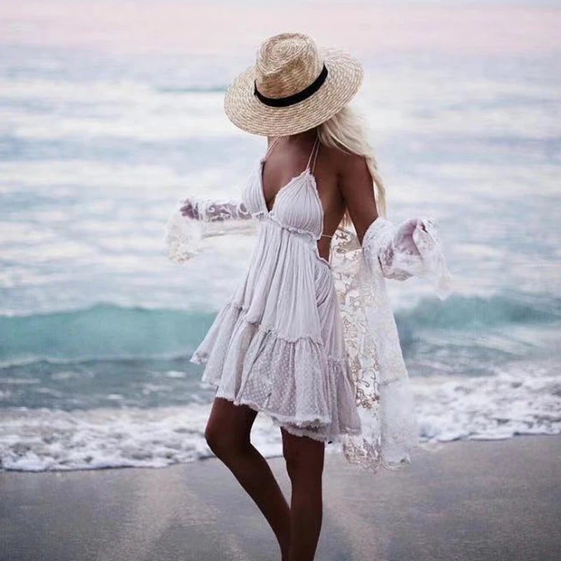 Canwedance Sexy Backless Lace Halter Dress Summer femme V Neck Mini Party Dress Ruffle Lace Up Back Beach Sundress
Canwedance Sexy Backless Lace Halter Dress Summer femme V Neck Mini Party Dress Ruffle Lace Up Back Beach Sundress