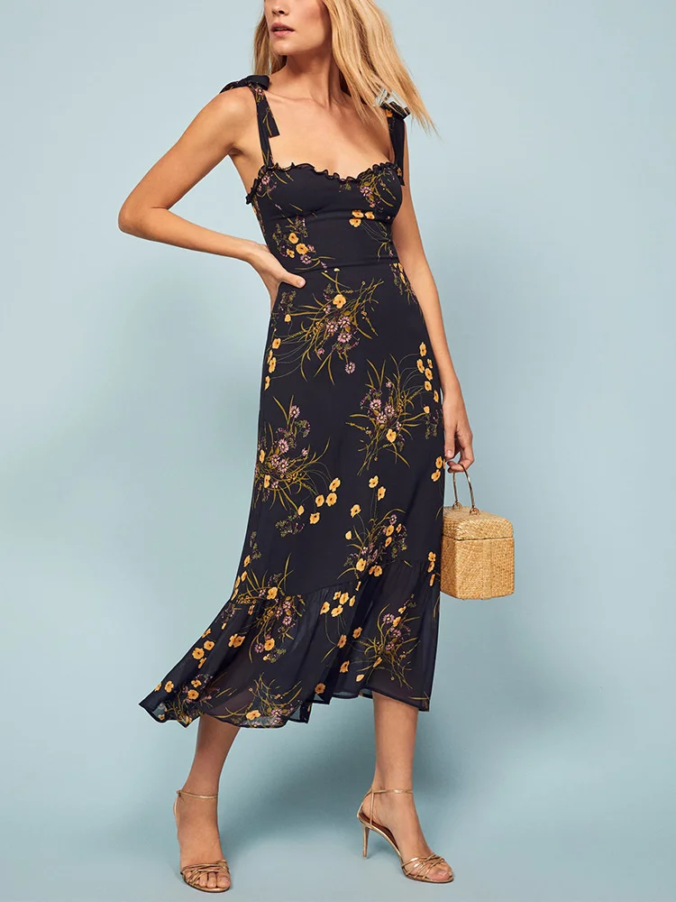 

2023 Dresses For Women Elegant Vintage Floral Dress Frill Sweetheart Neck Sleeveless Strap Tie Ruffle Hem Summer Beach Dress