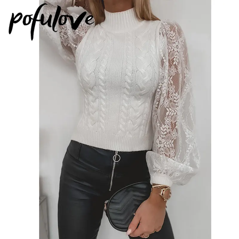 Vintage Sweater Lace Lantern Sleeve Knitted Pullover Women Turtleneck Sexy Jumper Autumn and Winter Fashion Top Drop Shipping
Vintage Sweater Lace Lantern Sleeve Knitted Pullover Women Turtleneck Sexy Jumper Autumn and Winter Fashion Top Drop Shipping