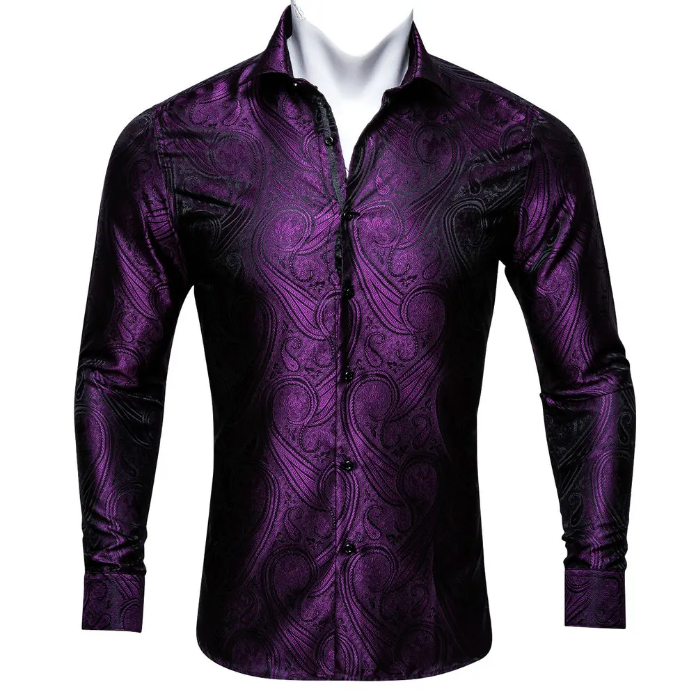 

Exquisite Dark Purple Paisley Long Sleeve Polyester Mens Shirt Jacquard Turndown Collar Casual Fit Business Wedding Barry.Wang
