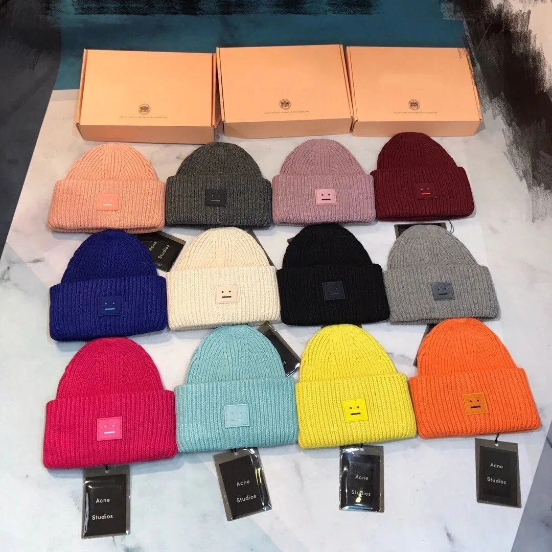 

New Acne Studios Men's & Women's Winter Hats Face Patch Knit Beanie Smile Matching Pink Hat Streetwear Solid Color Warm Beanies