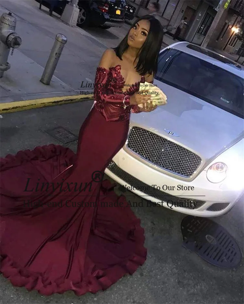 Burgundy Mermaid Prom Dresses Sequins Lace Long Sexy Illusion Scoop Formal Evening Party Gowns Sweep Train robes de soirée
Burgundy Mermaid Prom Dresses Sequins Lace Long Sexy Illusion Scoop Formal Evening Party Gowns Sweep Train robes de soirée