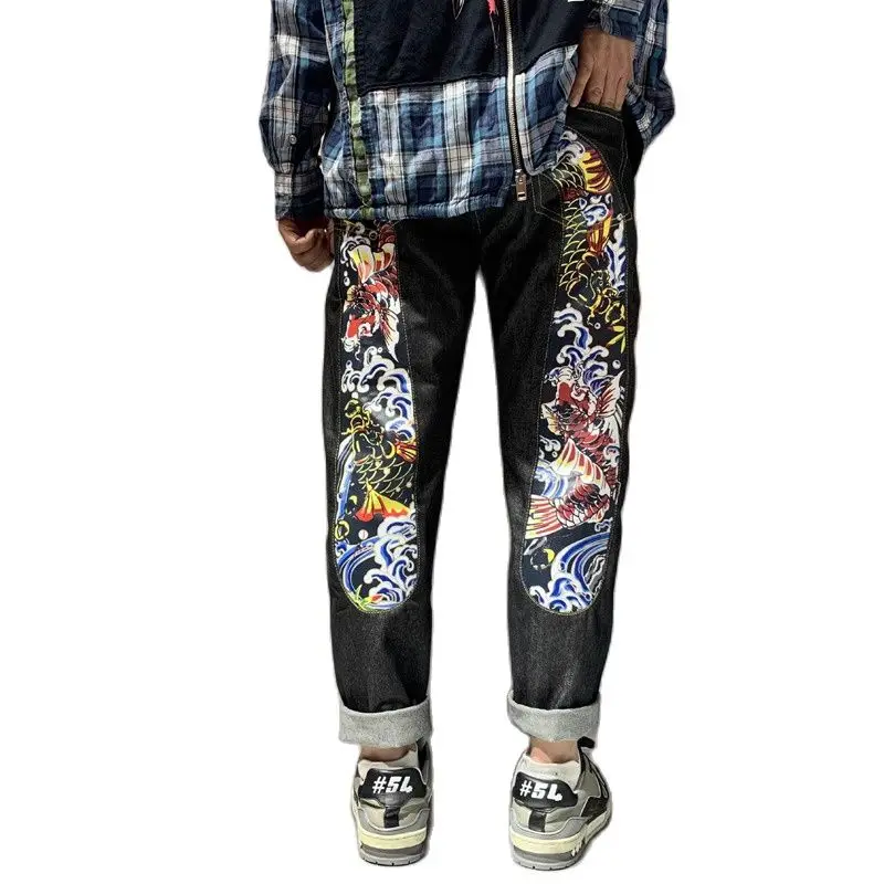 Джинсы мужские свободные повседневные индивидуальные зауженные прямые брюки с вышивкой